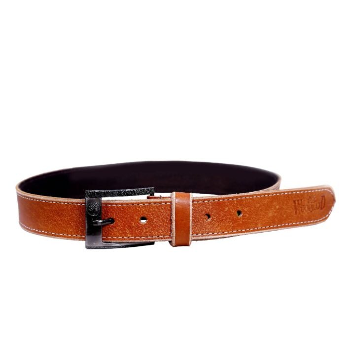Woodland Dark Brown Color Leather Belt <strong>Material:</strong> The belt is made from genuine leather, which is durable and ages beautifully. Depending on the quality of the leather, it can be soft and supple or more rigid. <strong>Belt Buckle:</strong> The buckle is usually made from metal, such as stainless steel, brass, or zinc alloy, with finishes like brushed, matte, or polished. It can be a simple frame-style buckle or a more elaborate design. Black leather belts often have silver, gold, or black buckles. <strong>Belt Width:</strong> The width of the belt can vary. A narrower belt (around 1 inch) is generally considered more formal and is often paired with dress trousers, while wider belts (1.5 to 2 inches) are typically used with jeans or casual pants. <strong>Design Details:</strong> Some black leather belts feature additional design elements like stitching along the edges, decorative embossing, or textured finishes. Others may include brand logos or monograms. <strong>Versatility:</strong> Black leather belts are incredibly versatile. They can be worn with formal attire like suits or dress trousers, as well as with casual clothing like jeans or chinos. This versatility makes them a popular choice for both men and women. <strong>Belt Holes:</strong> Black leather belts typically have several holes (usually five to seven) for adjusting the size, allowing for a customizable fit.